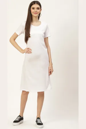 BRINN White Solid Pure Cotton A-Line Midi Dress