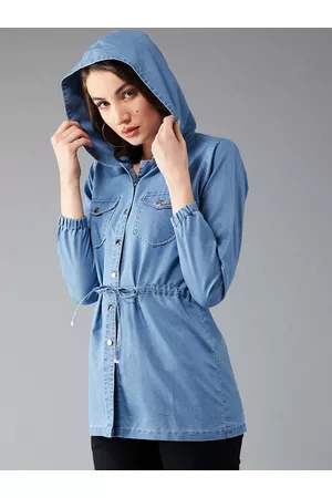 DOLCE CRUDO Women Blue Solid Hooded Denim Jacket