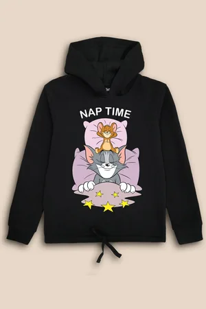 Kidsville Girls Black Tom & Jerry Printed Cotton Hooded Sweatshirt