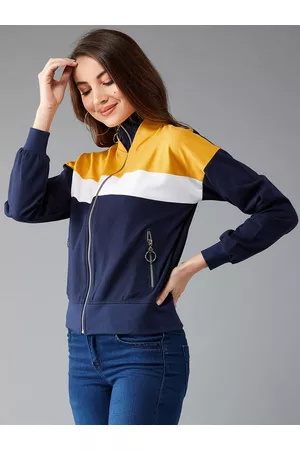 DOLCE CRUDO Women Navy Blue & Yellow Colourblocked Bomber Jacket