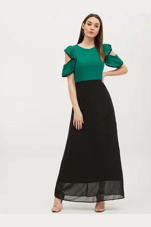 Harpa Women Green & Black Colourblocked Fit and Flare Dress