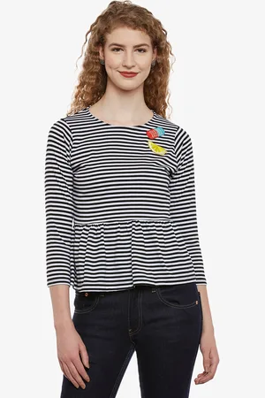 Miss Chase Women Black Striped Peplum Pure Cotton Top