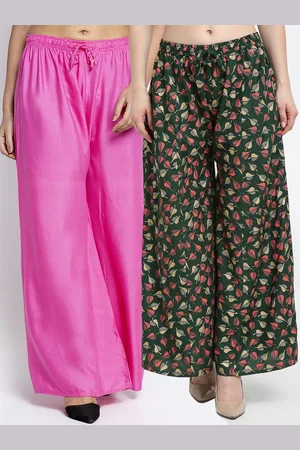 GRACIT Women Set Of 2 Pink & Olive Green Flared Palazzos