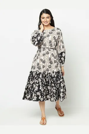 Fabindia Grey Floral Printed Fit & Flare Midi Dress