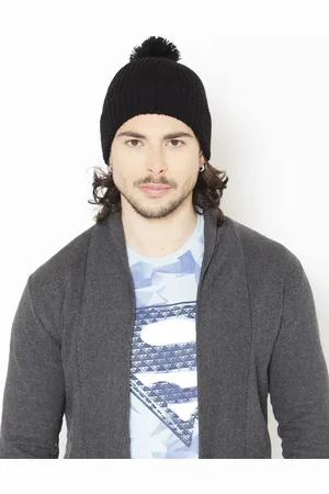Bharatasya Men Black Ribbed Knitted Acrylic Woolen Beanie With Pom-Pom