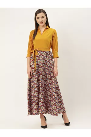 Deewa Women Mustard Yellow & Maroon Printed Maxi Dress