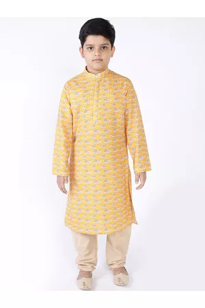 TABARD Boys Yellow Floral Thread Work Pathani Kurta