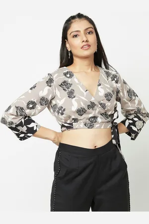 Fabindia Grey & Black Linen Wrap Crop Top