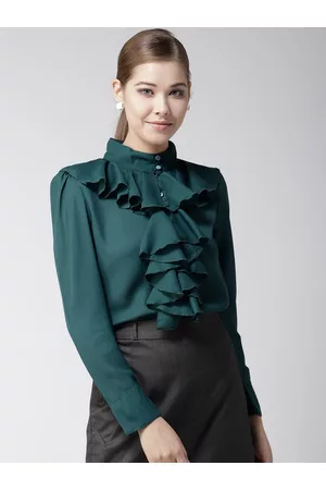 La Zoire Women Teal Blue Ruffled Shirt Style Top