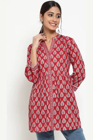 Antaran Maroon & Blue Mandarin Collar Printed Tunic