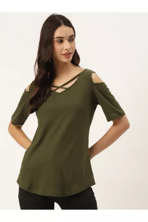 BRINN Women Olive Green Cotton Solid Cold-Shoulder Sleeves Top