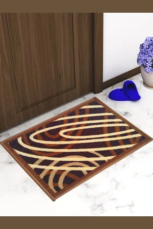 Athom Trendz Set Of 2 Brown & Yellow Patterned Anti Skid Latex Backing Rectangular Door Mats