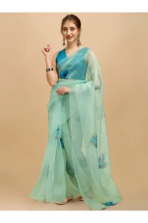 Sangria Women Sea Green Digital Printed Organza Saree with Blouse Piece