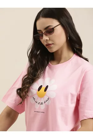 Difference of Opinion Women Pink Typography Printed Pure Cotton Oversized T-Shirt