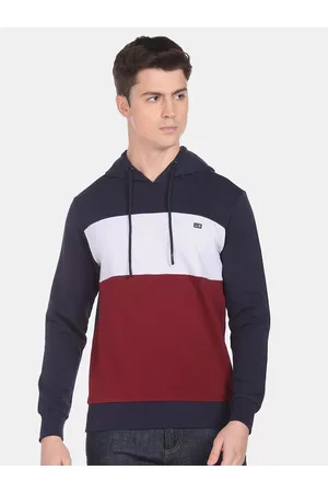 Arrow Men Navy Blue & Maroon Colourblocked Hooded Sweatshirt