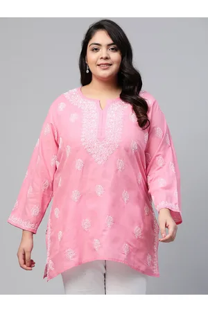 ADAM Co. Women Plus Size Pink Chikankari Embroidered Pure Cotton Kurti
