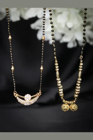 Priyaasi Set Of 2 Gold-Plated Black & White AD-Studded & Beaded Mangalsutra