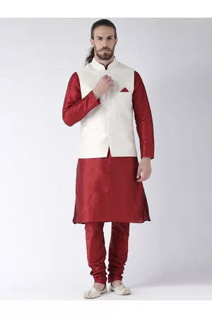 DEYANN Men Off-White & Maroon Solid Jacquard Kurta with Pyjamas & Nehru Jacket