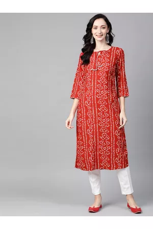 PIROH Women Red & White Bandhani Print Gotta Patti Straight Kurta