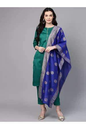 Ahalyaa Women Green Solid Kurta with Trousers & Dupatta