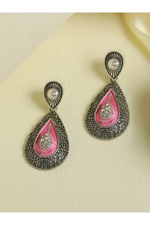 Priyaasi Silver-Toned & Pink Teardrop Shaped Drop Earrings