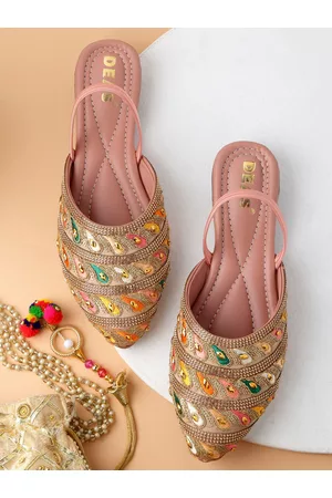 DEAS Women Gold-Toned And Pink Ethnic Mules Flats