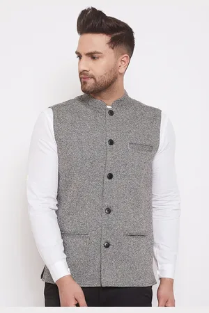 Even Men Grey Solid Pure Wool Nehru Jacket