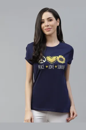 Cayman Women Navy Blue Cotton Printed T-shirt