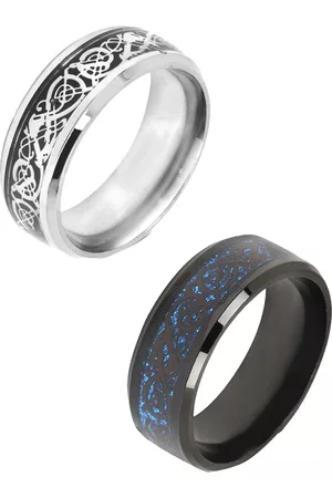 Yellow Chimes Men Set of 2 Black & Silver-Toned Dragon Celtic Inlay Polish Titanium Steel Finger Rings
