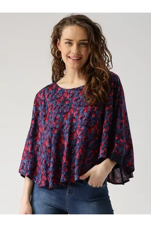 marie claire Women Blue & Red Floral Print Cape Top