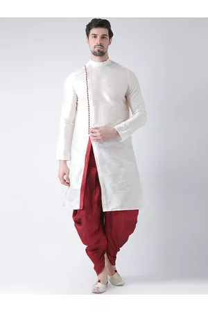 DEYANN Men Off-White & Red Dupion Silk Solid Kurta with Patiala