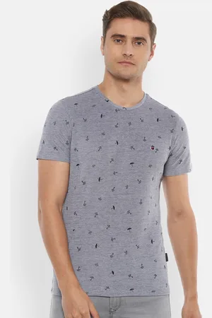 Louis Philippe Men Grey & Navy Blue Printed Slim Fit Pure Cotton T-shirt