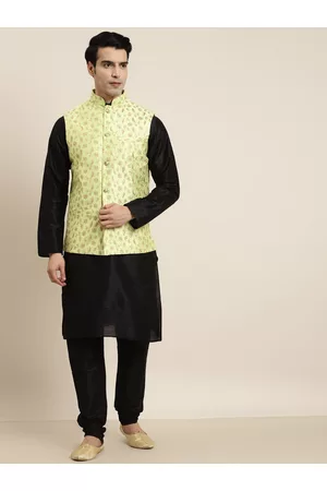SOJANYA Men Black & Green Kurta with Churidar & Embroidered Nehru Jacket