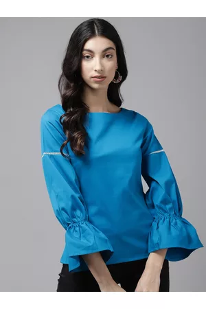 Cayman Blue Solid Bell Sleeves Pure Cotton Regular Top