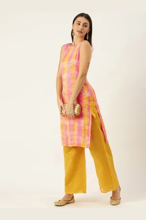 Ethnovog Women Made To Measure Pink Printed Kurta with Yellow Palazzos