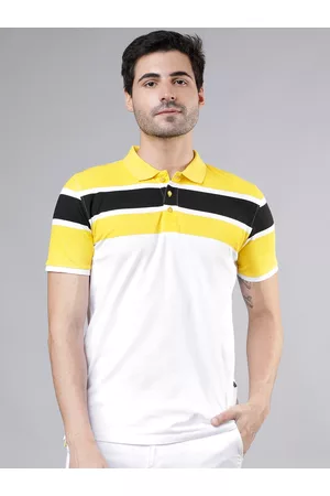 LocoMotive Men White & Yellow Colourblocked Polo Collar T-shirt