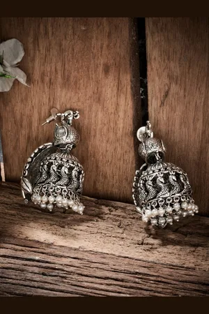ATIBELLE Silver-Plated Oxidised Peacock Shaped Jhumkas Earrings
