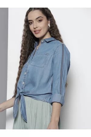 Nautica Women Blue Regular Fit Solid Chambray Casual Shirt
