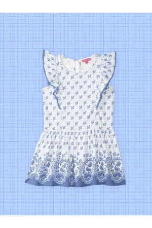 Biba White & Blue Floral Printed Fit & Flared Dress