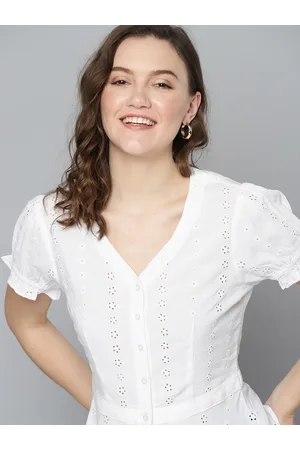 Mast & Harbour Women White Self Design Ruffles Schiffli Top