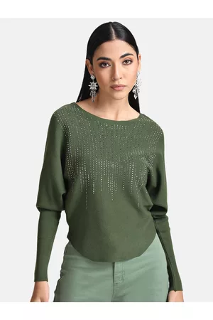 Kazo Women Olive Green & Silver-Toned Embroidered Pullover