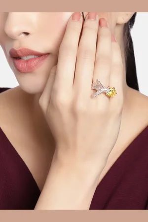 I Jewels Yellow Rose Gold Plated Bird Design CZ American Diamond Adjustable Finger Ring