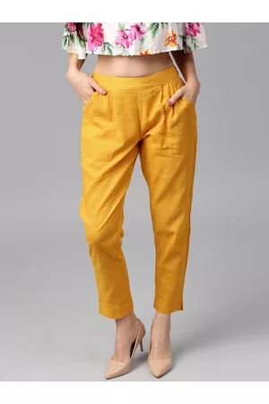 Jaipur Women Yellow Solid Regular Trousers