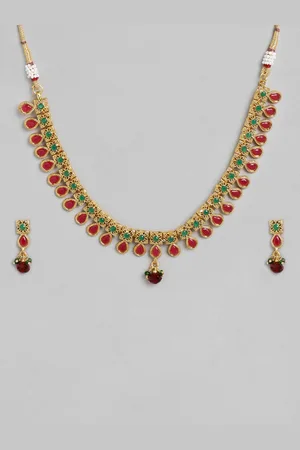 Kord Store Women Gold Plated Traditional Multi Color Stone Long Haram Necklace Set