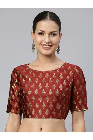 flaher Women Maroon & Gold Ethnic Motifs Jacquard Woven Design Saree Blouse with Tie-Ups