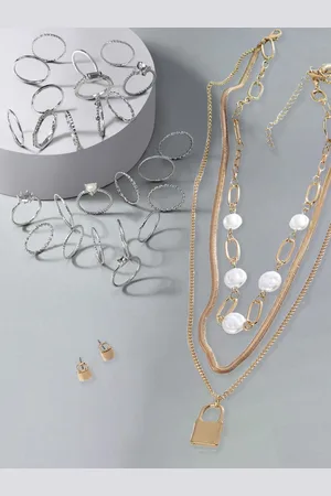 Ami Gold Plated & Silver Tone Contemporary Layered Chain & Rings Set