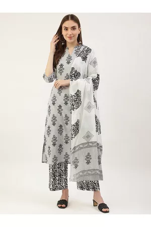 FIORRA Women White Floral Printed Pure Cotton Kurta with Palazzos & With Dupatta