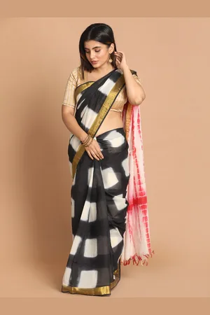 Indethnic Black & White Tie & Dye Pure Cotton Saree