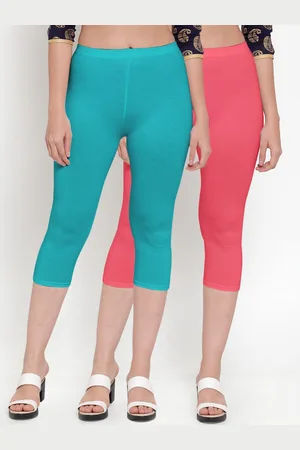 Jinfo Women Set Of 2 Turquoise Blue & Coral Capris