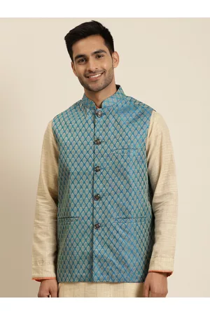 SOJANYA Men Blue and Beige Jacquard Woven Design Silk Nehru Jacket